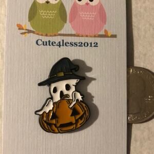 Pumpkin Ghost in Witch Hat Halloween Pin Brooch